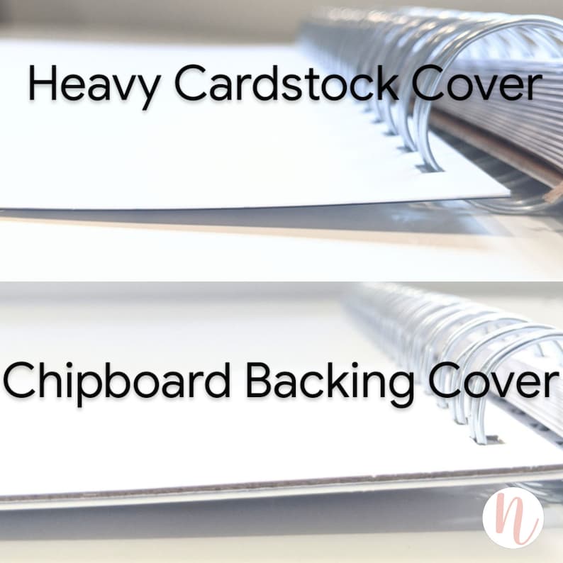 K&ouml;nnte beinhalten: Nahaufnahme eines spiralgebundenen Notizbuchs mit einem schweren Kartonumschlag und einem R&uuml;cken aus Spanplatte. Der Text "Heavy Cardstock Cover" und "Chipboard Backing Cover" ist auf dem Bild zu sehen.