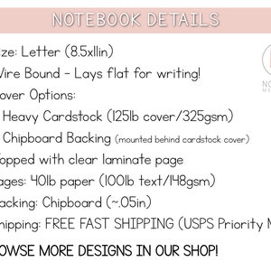 May include: Notebook details: Letter size (8.5 x 11 inches), wire bound, lays flat for writing. Cover options: heavy cardstock (125 lb cover/325 gsm), chipboard backing, topped with clear laminate page. Pages: 40 lb paper (100 lb text/148 gsm). Backing: chipboard (~0.05 inches). Shipping: FREE FAST SHIPPING (USPS Priority Mail). BROWSE MORE DESIGNS IN OUR SHOP!