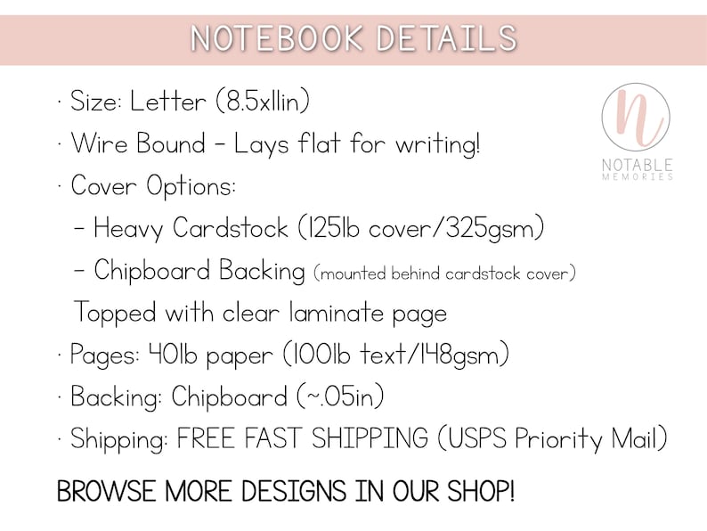 May include: Notebook details: Letter size (8.5 x 11 inches), wire bound, lays flat for writing. Cover options: heavy cardstock (125 lb cover/325 gsm), chipboard backing, topped with clear laminate page. Pages: 40 lb paper (100 lb text/148 gsm). Backing: chipboard (~0.05 inches). Shipping: FREE FAST SHIPPING (USPS Priority Mail). BROWSE MORE DESIGNS IN OUR SHOP!
