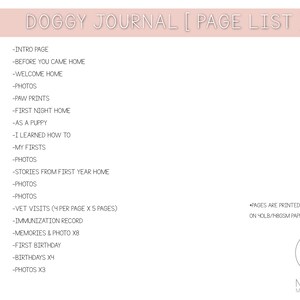 K&ouml;nnte beinhalten: Eine Seitenliste f&uuml;r ein Hundetagebuch mit rosa Hintergrund und schwarzem Text. Die Liste enth&auml;lt Abschnitte f&uuml;r Fotos, Pfotenabdr&uuml;cke, die erste Nacht zu Hause, als Welpe, meine ersten Male, Geschichten aus dem ersten Jahr zu Hause, Tierarztbesuche, Impfpass, Erinnerungen und Fotos, den ersten Geburtstag, Geburtstage und Fotos. Der Text "PAGES ARE PRINTED SINGLE SIDED ON HOLB/HBGSM PAPER" befindet sich in der oberen rechten Ecke der Seite.