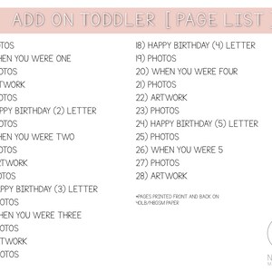 May include: A page list for a toddler scrapbook with a pink background and black text. The list includes pages for photos, artwork, and happy birthday with different numbers of letters. The pages are printed front and back on 148gsm paper.