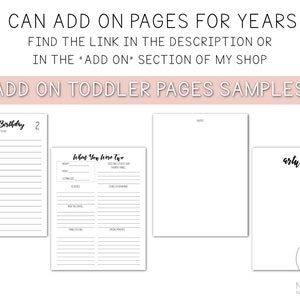 May include: Four printable pages for a toddler memory book. The pages include a birthday page, a "What You Were Like at Two" page, a blank page, and an "artwork" page. The pages are black and white with a simple design.