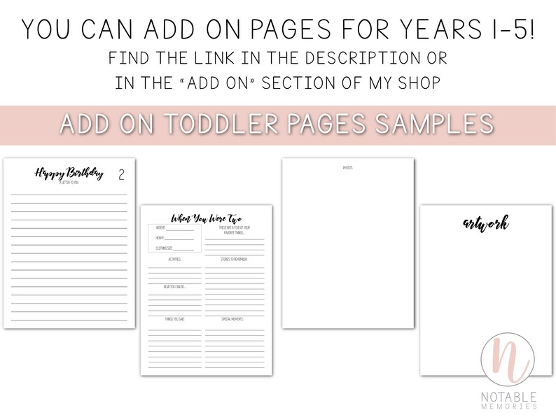 May include: Four printable pages for a toddler memory book. The pages include a birthday page, a "What You Were Like at Two" page, a blank page, and an "artwork" page. The pages are black and white with a simple design.