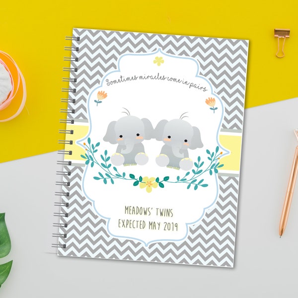 Personalized Twin Pregnancy Journal, Twin Pregnancy Planner, Twin Pregnancy Memory Book, Twin Pregnancy Gift, Twin Mom Gift,  Elephant