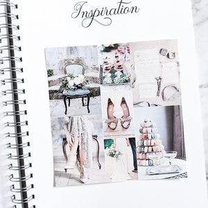 May include: A collage of images with a wedding theme. The images include a chair with flowers, a pair of high heels, a stack of macarons, and a couple holding hands. The text "Inspiration" is written at the top of the page.
