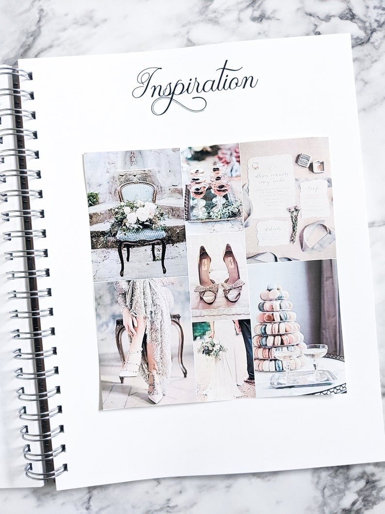 May include: A collage of images with a wedding theme. The images include a chair with flowers, a pair of high heels, a stack of macarons, and a couple holding hands. The text "Inspiration" is written at the top of the page.