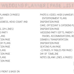 May include: A pink and white printable wedding planner page list with the text "Wedding Planner [Page List]" at the top. The list includes sections for budget planner, guest list, wedding party, venue plans, stationery plans, attire plans, floral plans, photo and video, cake, officiant and catering plans, wedding party gifts, seating plan, and day of timeline.