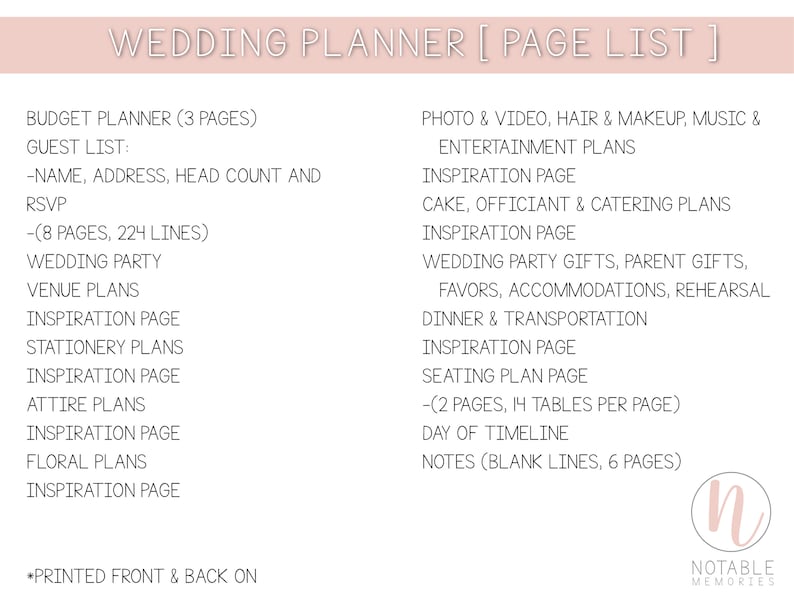 May include: A pink and white printable wedding planner page list with the text "Wedding Planner [Page List]" at the top. The list includes sections for budget planner, guest list, wedding party, venue plans, stationery plans, attire plans, floral plans, photo and video, cake, officiant and catering plans, wedding party gifts, seating plan, and day of timeline.