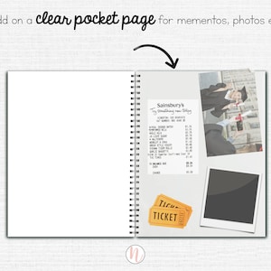 May include: An open notebook with a clear pocket page for photos and mementos. The page has a receipt from Sainsbury's, a photo of two people in graduation gowns, and a ticket that says "TICKET".