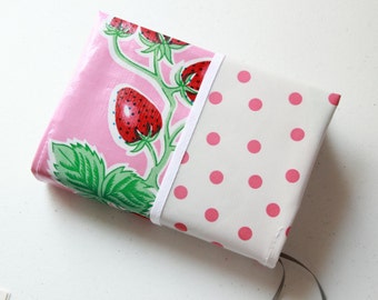 Strawberry Oilcloth Pocket Bible Cover, Wrap Around Pocket, Custom Fit, Waterproof