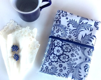 Floral Oilcloth Pocket Bible Cover, Blue & White, Elastic Closure