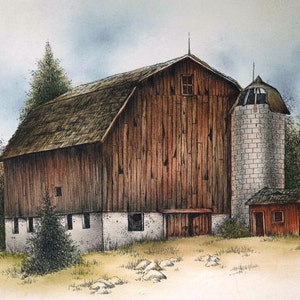 May include: A watercolor painting of a red barn with a white silo and a small shed. The barn has a brown roof and a white foundation. The silo is made of white brick. The shed is made of red wood. The painting is set against a light blue sky with white clouds.