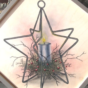 May include: A watercolor painting of a blue candle burning inside a wire star-shaped frame. The candle is surrounded by a wreath of green leaves and red berries.
