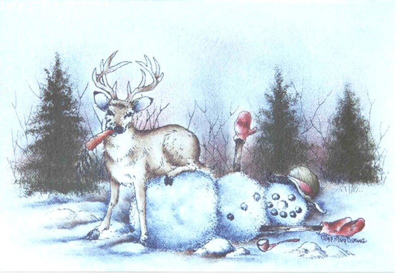 May include: A watercolor painting of a deer with antlers eating a carrot while standing on a snowman. The snowman is wearing a hat and has a pipe in its mouth.