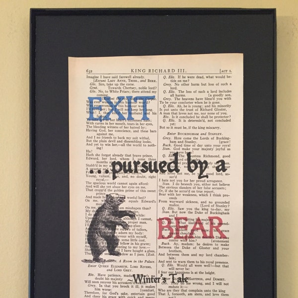 Exit pursued by a bear - Shakespeare Page Art; Graduation gift; Opening Night Gift; Literary gift; Retirement gift; Librarian gift