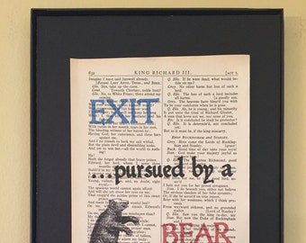 Exit pursued by a bear - Shakespeare Page Art; Graduation gift; Opening Night Gift; Literary gift; Retirement gift; Librarian gift