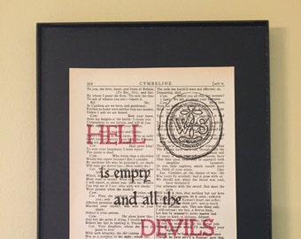 Hell is empty and all the Devils are here - Shakespeare Page Art; Tempest; Opening Night Gift; Literary gift