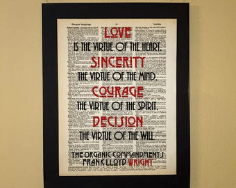 Love is the virute of the heart...The organic commandments; Frank Lloyd Wright quote; Inspirational Dictionary Page Art