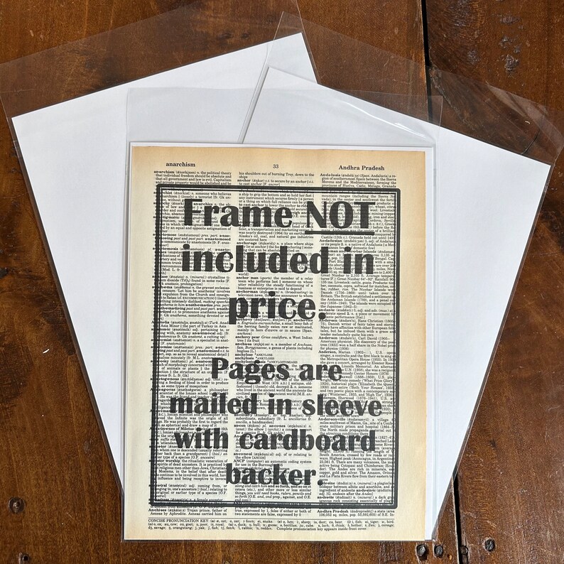 Pode incluir: Um recorte de jornal em preto e branco com o texto "Frame NOT included in price. Pages are mailed in sleeve with cardboard backer." O texto est&aacute; em negrito e em tamanho grande.