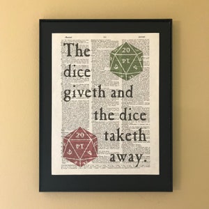 The dice giveth and the dice taketh away; Dungeons and Dragons; Roleplaying Games; Gifts for gamers; Dictionary Print; Page Art;