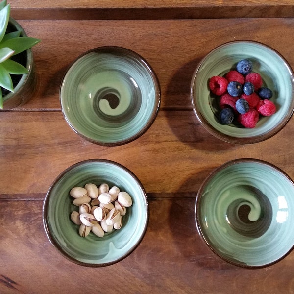 Set of 4 Small Ceramic Bowls with Natural Brush Swirl, Olive Oil/Soy Sauce Dipping Bowls, Snack, Dessert, Spices, Prep, Side Dish Bowl.