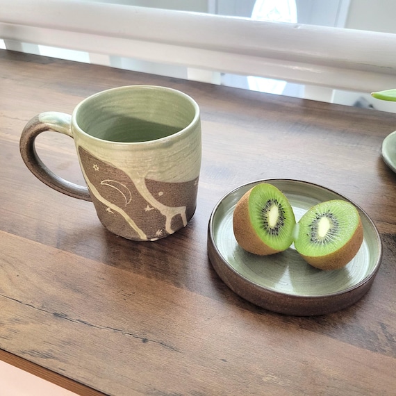 Natural, Calming Light Green Coffee Mug, Rustic Brown with Crescent Moon and Stars, 12 oz. Mug with Coaster/Snack Plate, Coffee Lover Gift.