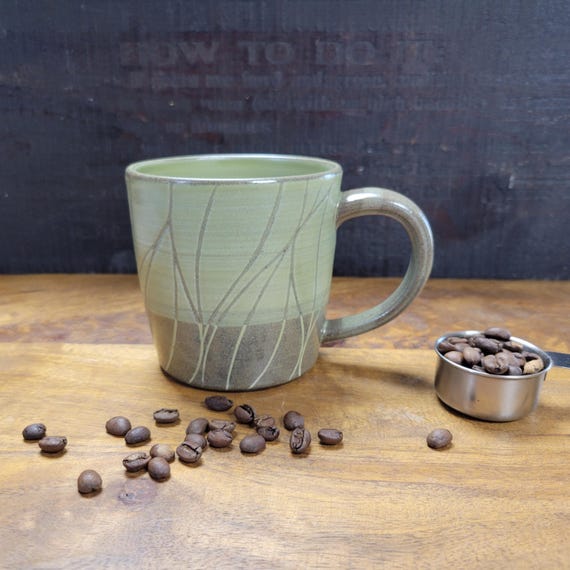 Handmade Wheel-Thrown Satin Green 12 oz. Mug with Hand-Carved Wavy Lines – Ready to Ship