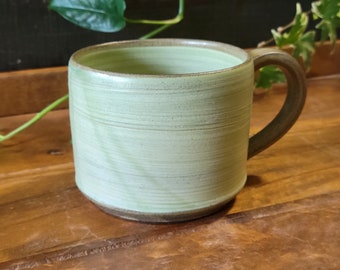 Serene Satin Olive-Green Mug, Rustic and Charming Coffee and Tea Mug with intricate brush marks - Ready to ship.