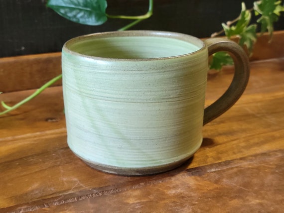 Serene Satin Olive-Green Mug, Rustic and Charming Coffee and Tea Mug with intricate brush marks - Ready to ship.