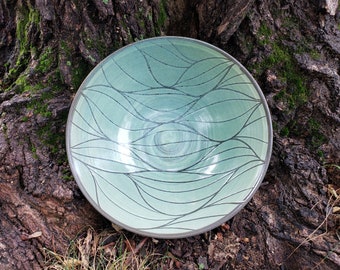 Handmade Celadon Green Serving Bowl with Modern Wavy Lines