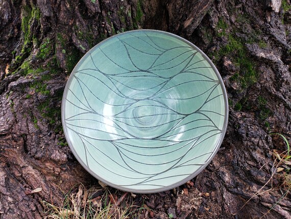 Handmade Celadon Green Serving Bowl with Modern Wavy Lines