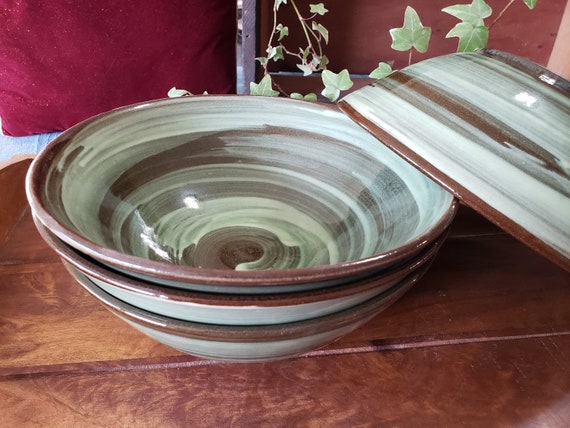 Ceramic Large Green Bowls with Natural Brush Swirl Design, 40 FL oz. A set of 2 bowls. Poke, Udon, Bibimbab, Noodle Serving Bowls.