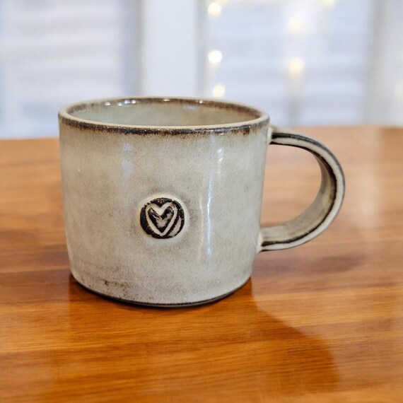 Espresso Mug with a Little Organic Textured Heart, Creamy Warm, and Cozy Pottery Sweet Heart Mug.