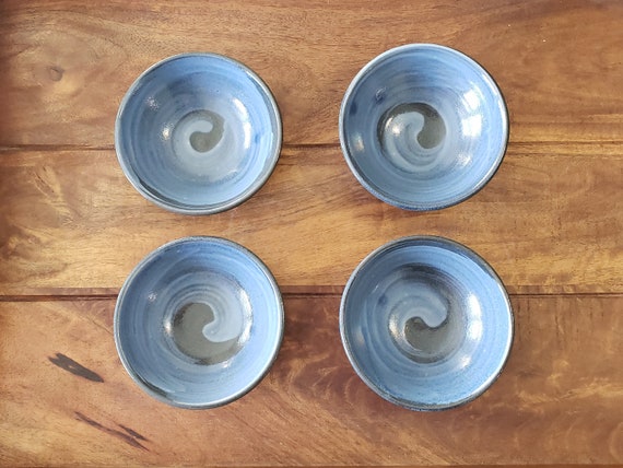 Ceramic Small Blue Bowls, Dipping Sauce Bowls,  Spice Bowls, Appetizer Bowls, Dessert Bowls, Prep Bowls, Natural Brush Swirl Design Set of 4