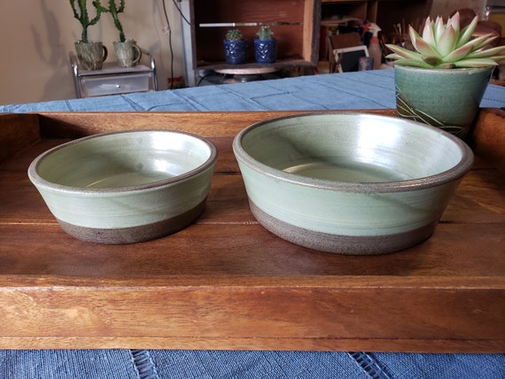 Ceramic Handmade Pet bowls, SATIN Olive Green Stoneware Dog Bowls, Cat bowls, Small and Large Pet bowls. Food and Water bowls, Set of 2.