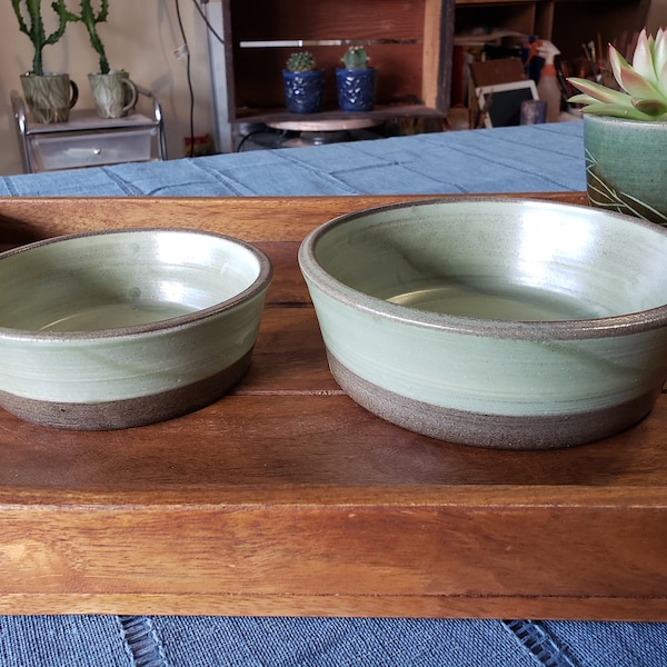 Ceramic Handmade Pet bowls, SATIN Olive Green Stoneware Dog Bowls, Cat bowls, Small and Large Pet bowls. Food and Water bowls, Set of 2.