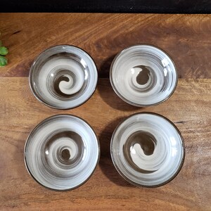 A Set of 4 Small Bowls with White Natural Brush Swirl, Olive Oil/Soy Sauce Dipping Bowls, Snack, Dessert, Spices, Prep, Small Side Dish