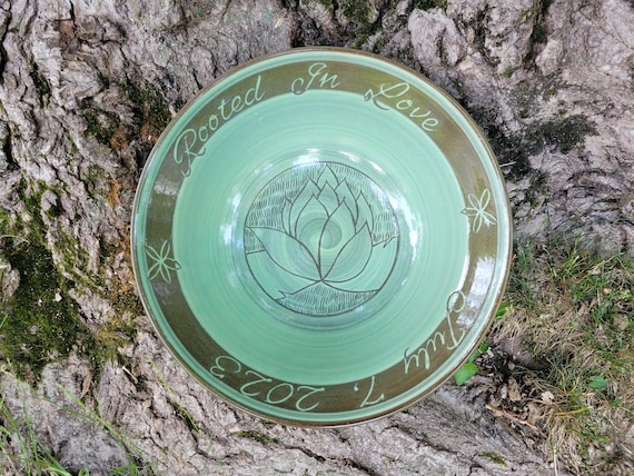 Personalized Celadon Green Wedding Bowl, "Rooted in Love" with Wedding Date, Large Custom Serving Bowl, Wheel-thrown/Hand-Carved Lotus Bowl.