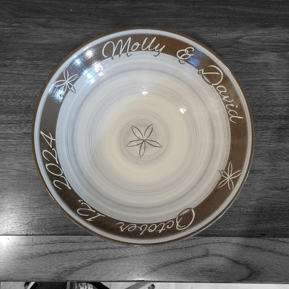 Customized Handmade Large Serving Bowl with Botanical Design in White and Brown, Ceramic Large Bowl for Newlyweds/Anniversary