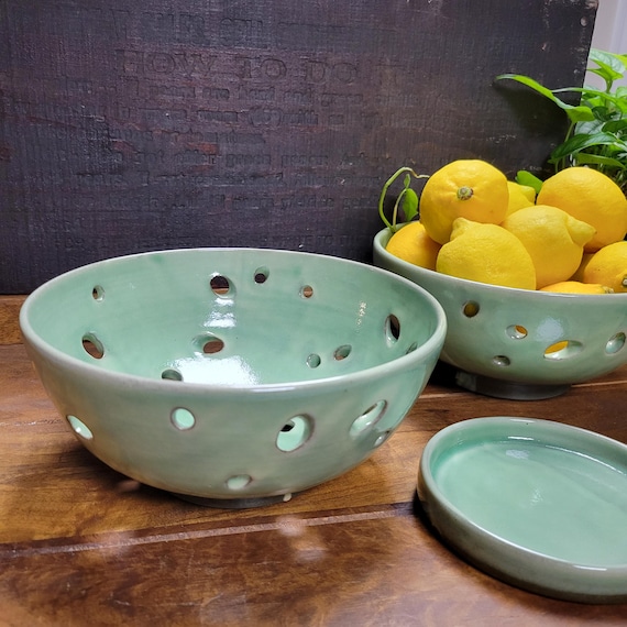 Handmade Celadon Green Ceramic fruit Bowl with Saucer - Large Ceramic Colander