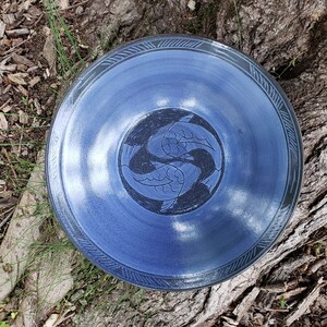 Hand Carved Ceramic Serving Bowl: Swimming Koi Fish, Blue Home Decor
