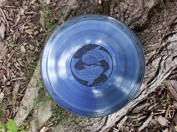 Ceramic Large Serving Bowl with Swimming Koi Fish in Deep Blue. Blue Home Décor bowl, One of a Kind Ceramics, Wedding and Anniversary Gift.
