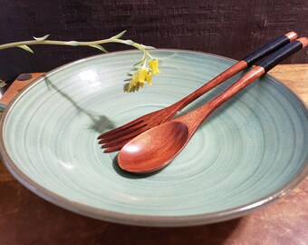 Celadon Green Pasta dishes with Natural Brush Swirl Design, Shallow Pasta and Salad Bowl,Wheel-thrown and Handcrafted Bowl.