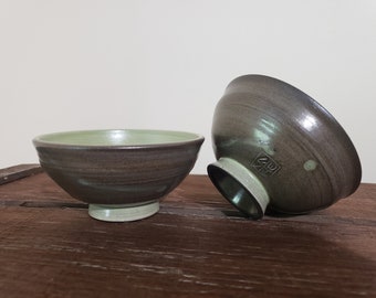 Two of Wabi-sabi Ceramic Bowl. Rustic and Earthy, Simplicity, Elegant Dessert Bowl, Green and Brown Small Bowl, Tea Cup. Zen Décor art.