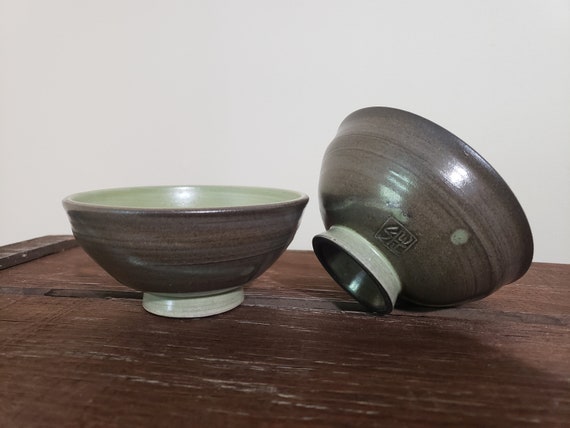 Two of Wabi-sabi Ceramic Bowl. Rustic and Earthy, Simplicity, Elegant Dessert Bowl, Green and Brown Small Bowl, Tea Cup. Zen Décor art.