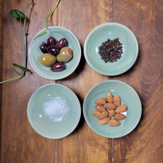 Handmade Green Condiment Bowls: Korean Dumbung Dipping Bowls, Set of 4