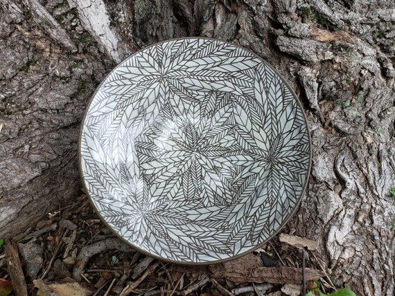 Wheel-thrown Earthy and Botanical Ceramic Large Serving Bowl with hand-carved leaf design, Wedding/Anniversary Gift, Home Décor Art Piece.