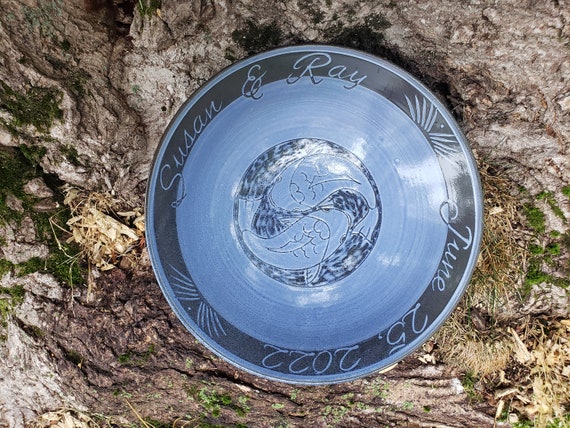 Personalized Large Serving Bowl with Two Swimming Koi in Deep Blue, Hand-Crafted Ceramic Large Bowl for Newlyweds and Anniversary