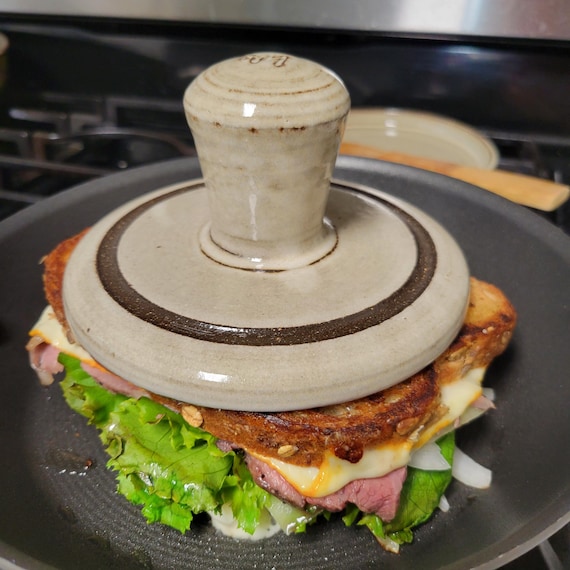 Ceramic Panini Press with Resting plate, grill press for patties, burgers, and grilled cheese with creamy white color. Made to order