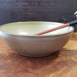Olive Green Ceramic Bowl: Rustic Wheel Thrown Pottery, Ramen, Salad, Udon - 8.5&quot;